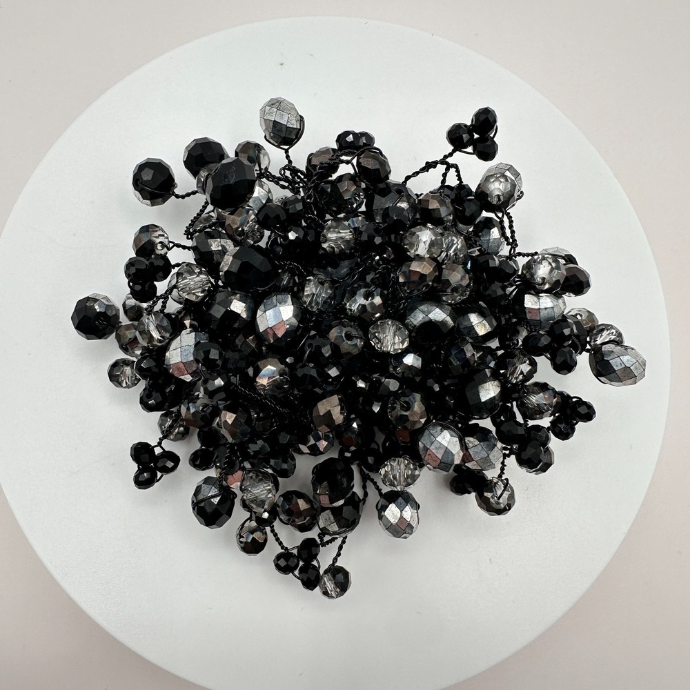 Vintage 90s Black Glass Beaded Cluster Brooch Pin Silver Tone Statement